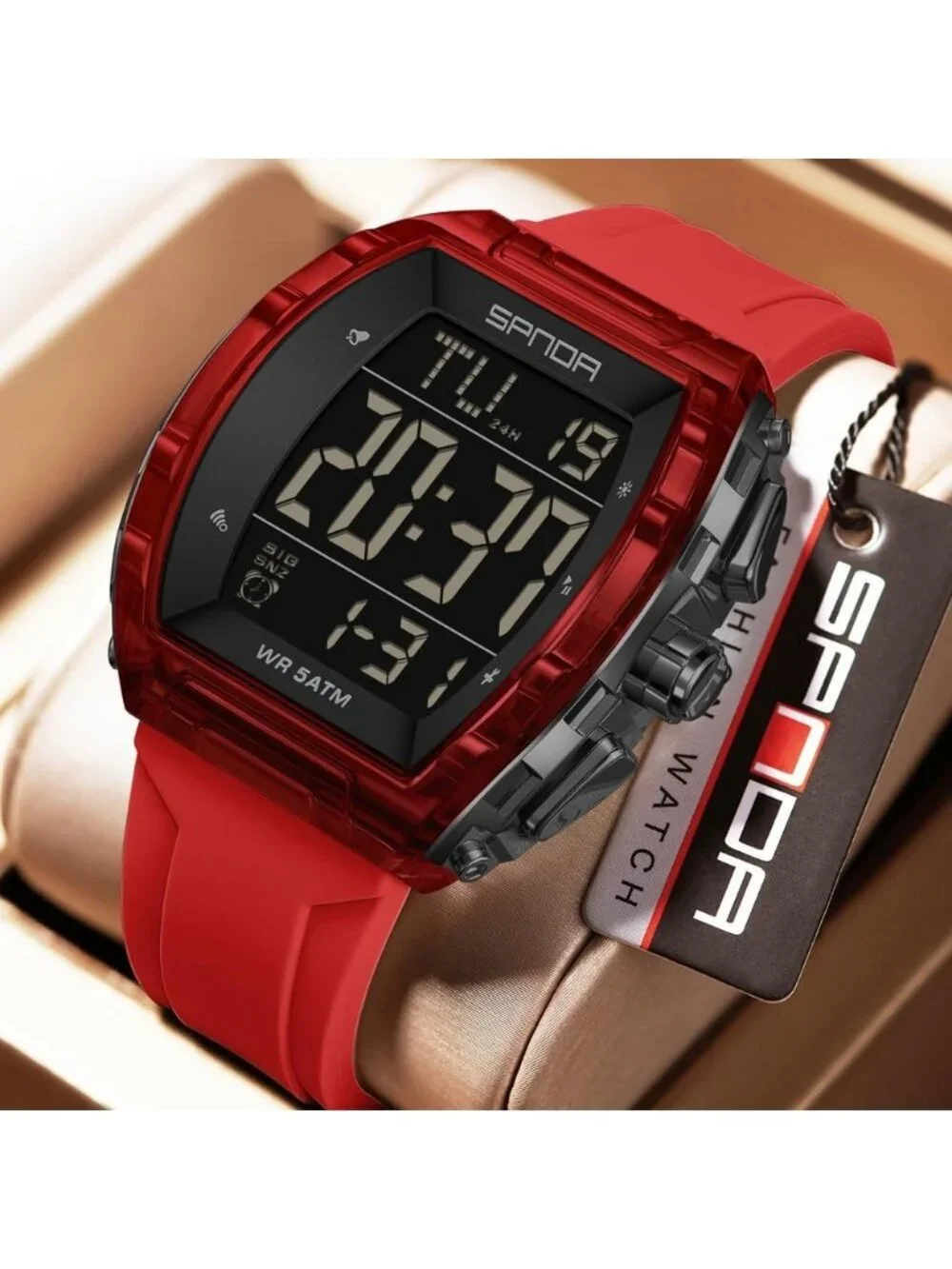 Men's All Red Analog Quartz Tonneau Shape Dual Waterproof Digital Luxury Watch